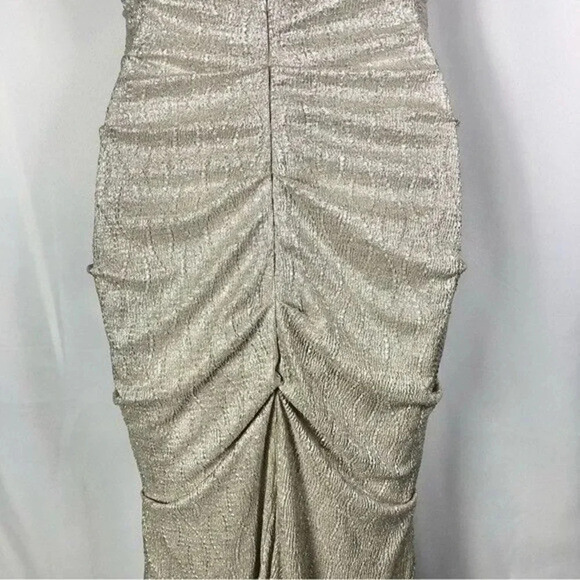 XScape High Neck Halter Metallic Champagne Ruched Formal Gown 4 - Picture 7 of 7